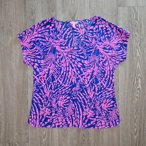 Lilly Pulitzer Vibrant Pink and Blue Short Sleeve Silk Top